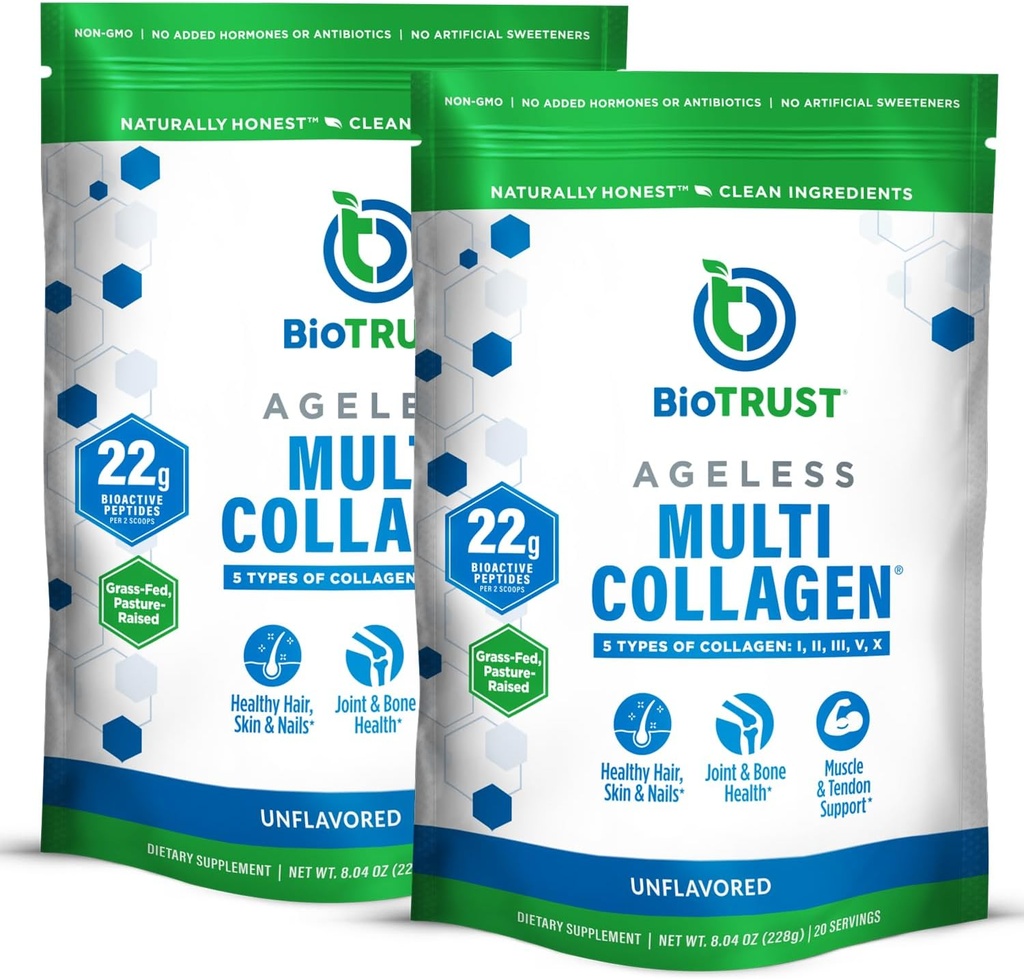 BioTrust Ageless Multi Collagen Peptides Powder – 5 Types (I, II, III, V, X) – Unflavored Collagen Powder for Women & Men – Hydrolyzed Protein – Grass Fed Beef, Fish, Chicken, Eggshell Membrane, 2-pk