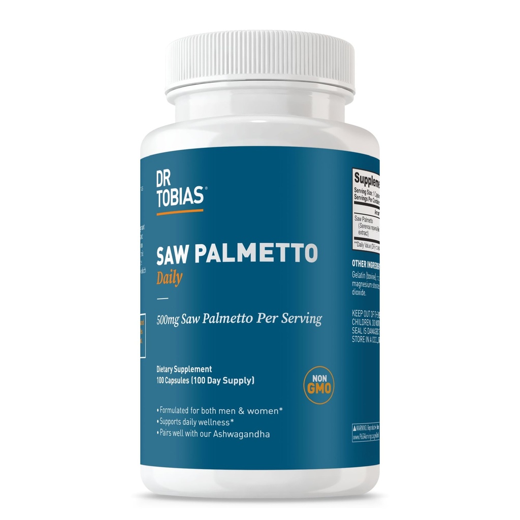 Dr. Tobias Saw Palmetto Supplement, understøtter urinvejssygdomme, Hormonal balance, prostata sundhed, & hår vitalitet, Saw Palmetto for mænd og kvinder, 500mg Per Servering - 100 kapsler, 100 Servering