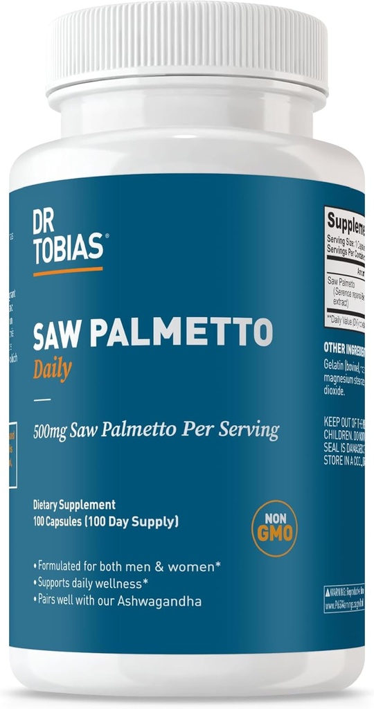 Dr. Tobias Saw Palmetto Supplement, understøtter urinvejssygdomme, Hormonal balance, prostata sundhed, & hår vitalitet, Saw Palmetto for mænd og kvinder, 500mg Per Servering - 100 kapsler, 100 Servering
