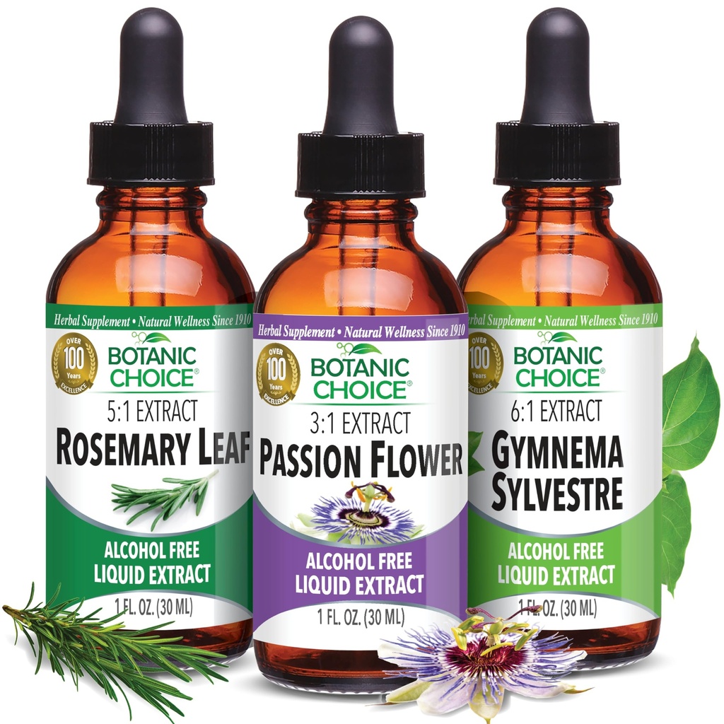 Botanic Choice Passion Flower, Rosemary Leaf, & Gymnema Sylvestre Ekstrakter Bundle - Daglig Samlet Wellness Kit for Samlet Wellbeing (1 fl. Oz. Hver)