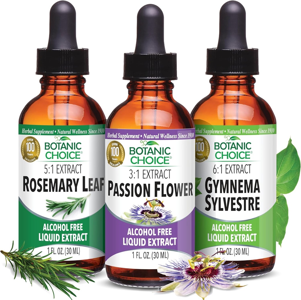Botanic Choice Passion Flower, Rosemary Leaf, & Gymnema Sylvestre Ekstrakter Bundle - Daglig Samlet Wellness Kit for Samlet Wellbeing (1 fl. Oz. Hver)
