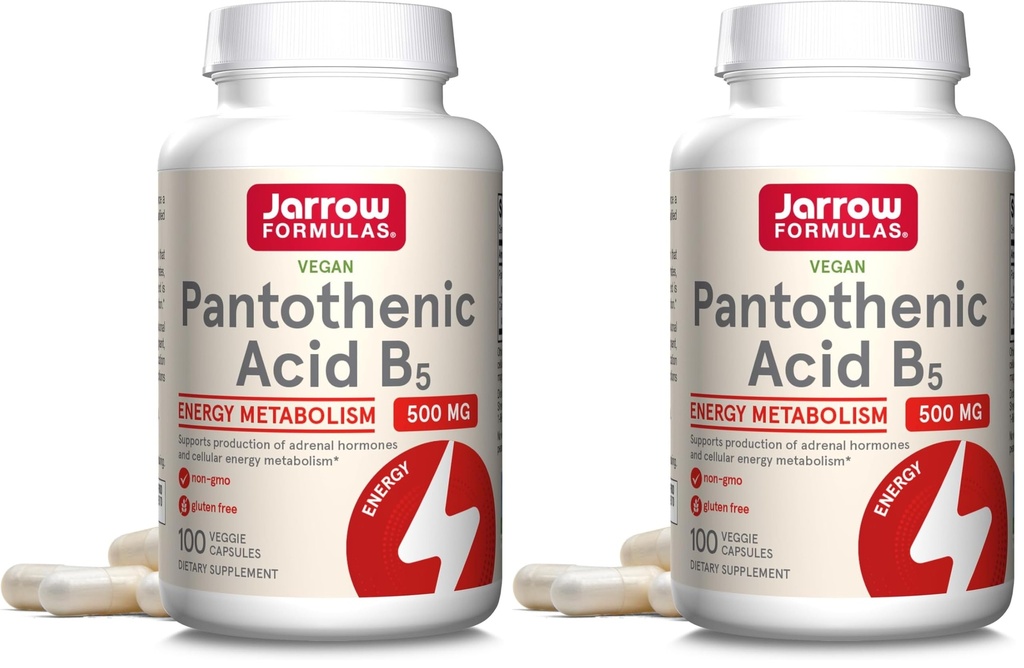 Jarrow Formulas Pantothenic Acid B5 500 mg - 100 Veggie Caps - Essential B Vitamin - Energiproduktion & Metabolisme Support - 100 Servere (pakke med 2)