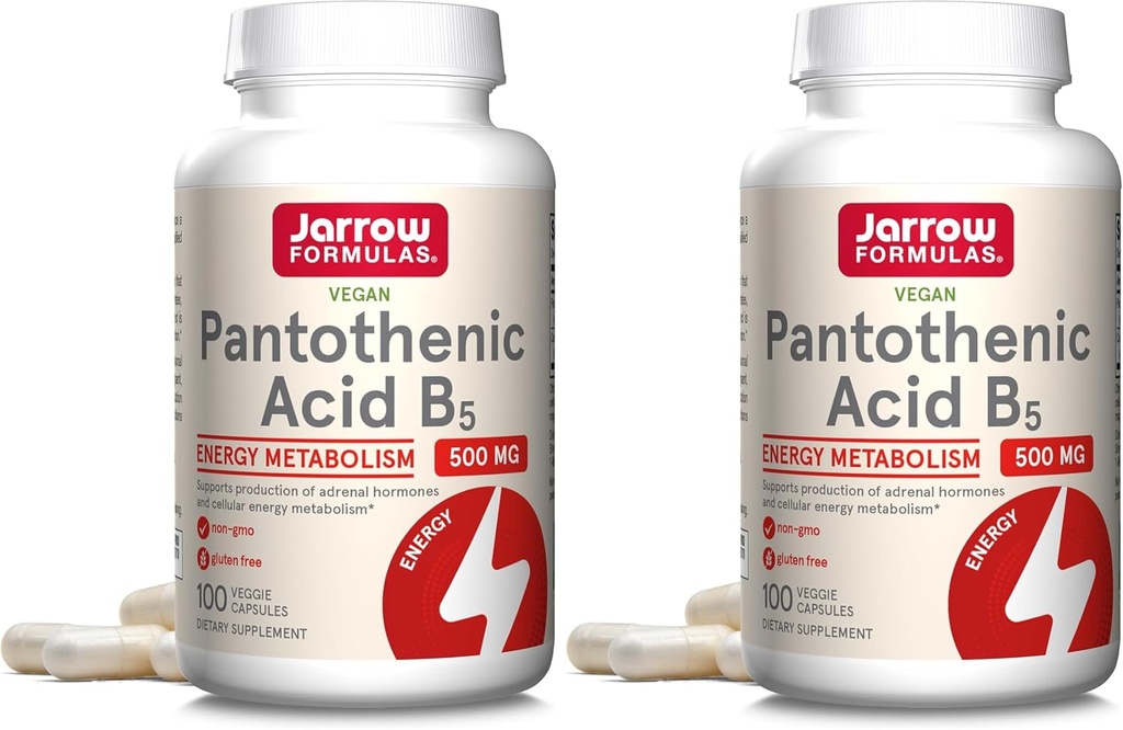 Jarrow Formulas Pantothenic Acid B5 500 mg - 100 Veggie Caps - Essential B Vitamin - Energy Production & Metabolism Support - 100 Servings (Pack of 2)