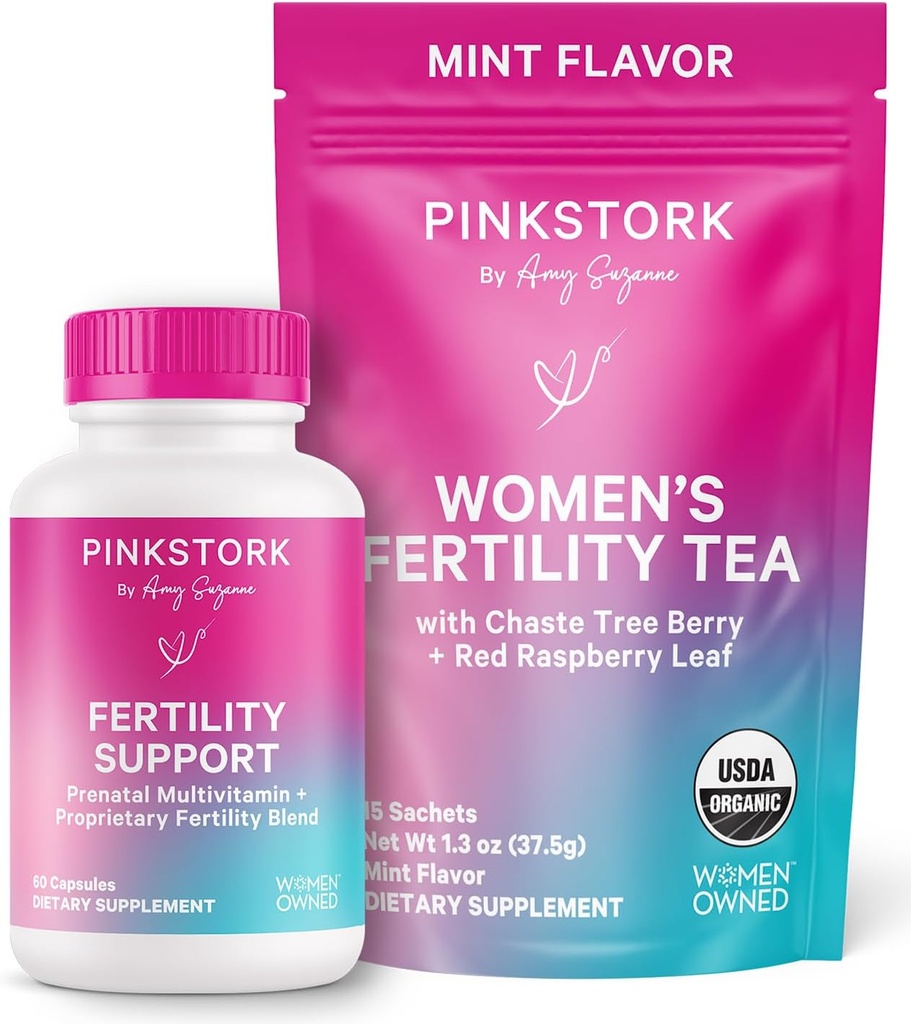 Pink Stork Fertilitet Bundle for kvinder - Conception Tea + Prenatal Vitamin Support med Inositol, Vitex, Folate & Ashwagandha - Understøtter Hormone Balance, Cykel Sundhed & Preundation Wellness