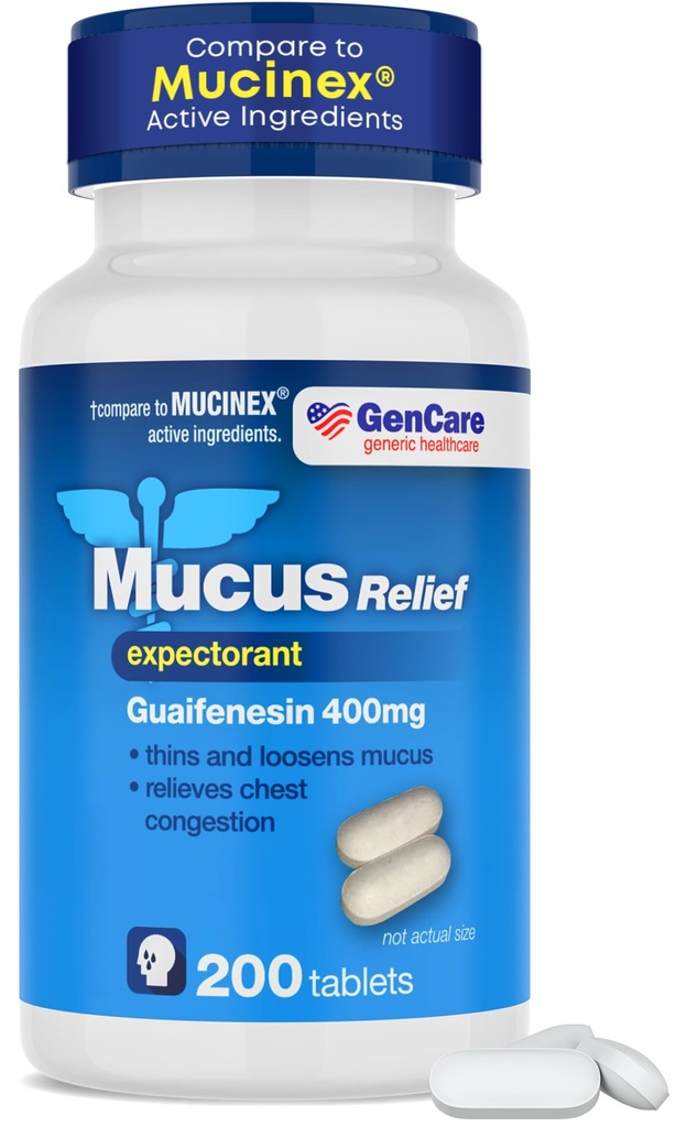 GenCare Mucus Relief Expectorant Guaifenesin 400 mg 200 tabletter Value Pack - Hurtig fungerende Thinning af Mucus for colds, Chest Congestion, Flu, Hoste og Allergier