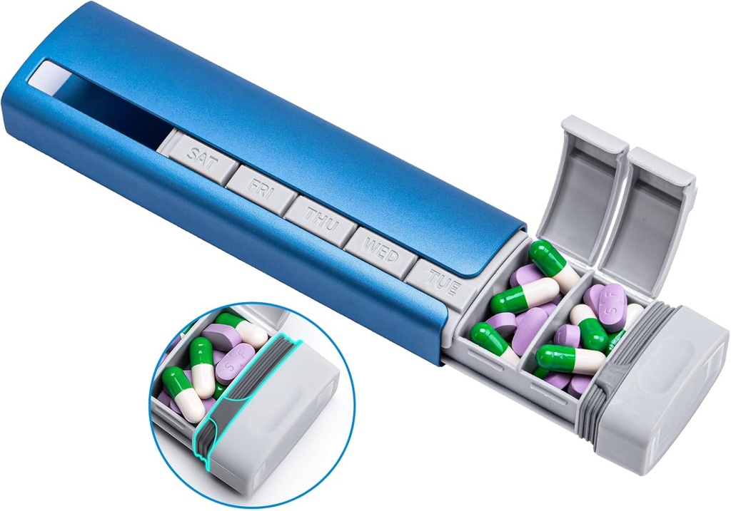 Daviky Metal Travel Pill Organizer, Premium Aluminium Pill Box 7 Dag, Ugentlig Daglig Pill Case, Stilfuld & Cute Pill Holder for Medicines, Supplements and Vitamin (Blue + Gray)