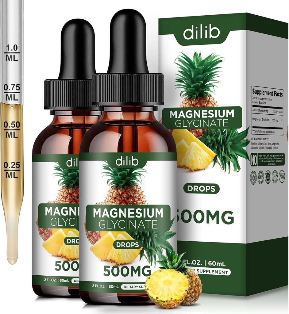 (2 Pack) Magnesium Glycinat Supplement, Flydende Magnesium Glycinat Liquid Drops 500mg- Support Stress Relief, Afslapning, Food, Sleep, Bone & Muscle-4 Fl Oz, Vegan, Pineapple Flavor