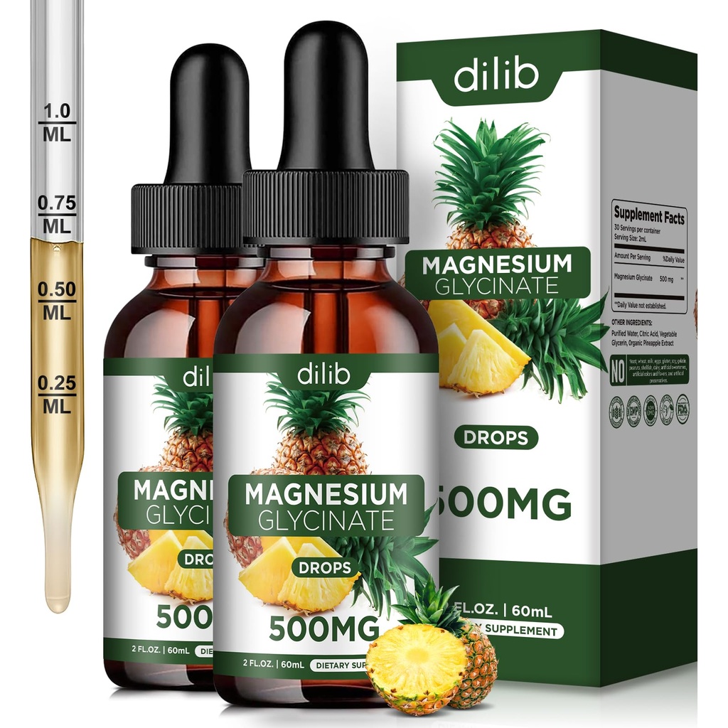 (2 Pack) Magnesium Glycinat Supplement, Flydende Magnesium Glycinat Liquid Drops 500mg- Support Stress Relief, Afslapning, Food, Sleep, Bone & Muscle-4 Fl Oz, Vegan, Pineapple Flavor