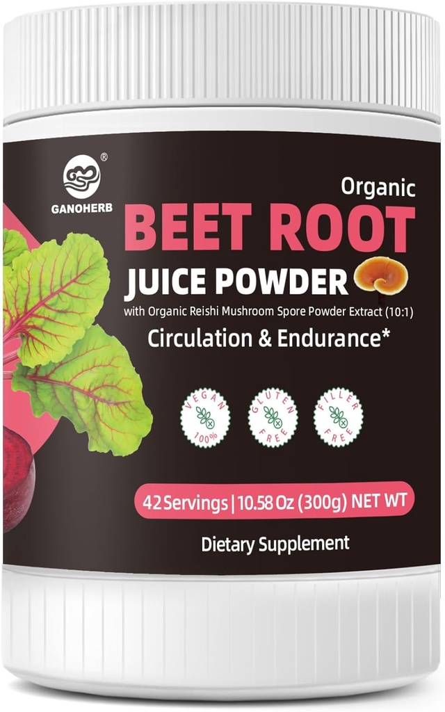 Beet Root Powder 7000mg, Højkoncentreret Organisk Beet Juice Powder med Reishi Mushroom, Superfood Supplement Beetroot Drikke til cirkulation og Endurance, Vegan, Sugar- Free