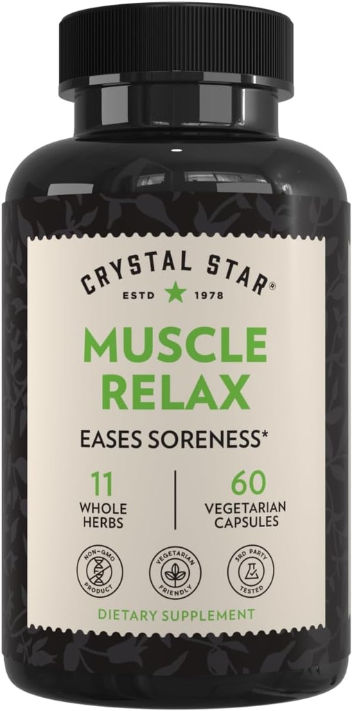 Crystal Star Muscle Relax (60 kapsler) - Urte Relief fra Sore Muscles, Cramps & Spasms - Valerian Root, Jamaica Dogwood & Cramp Bark - Non- GMO