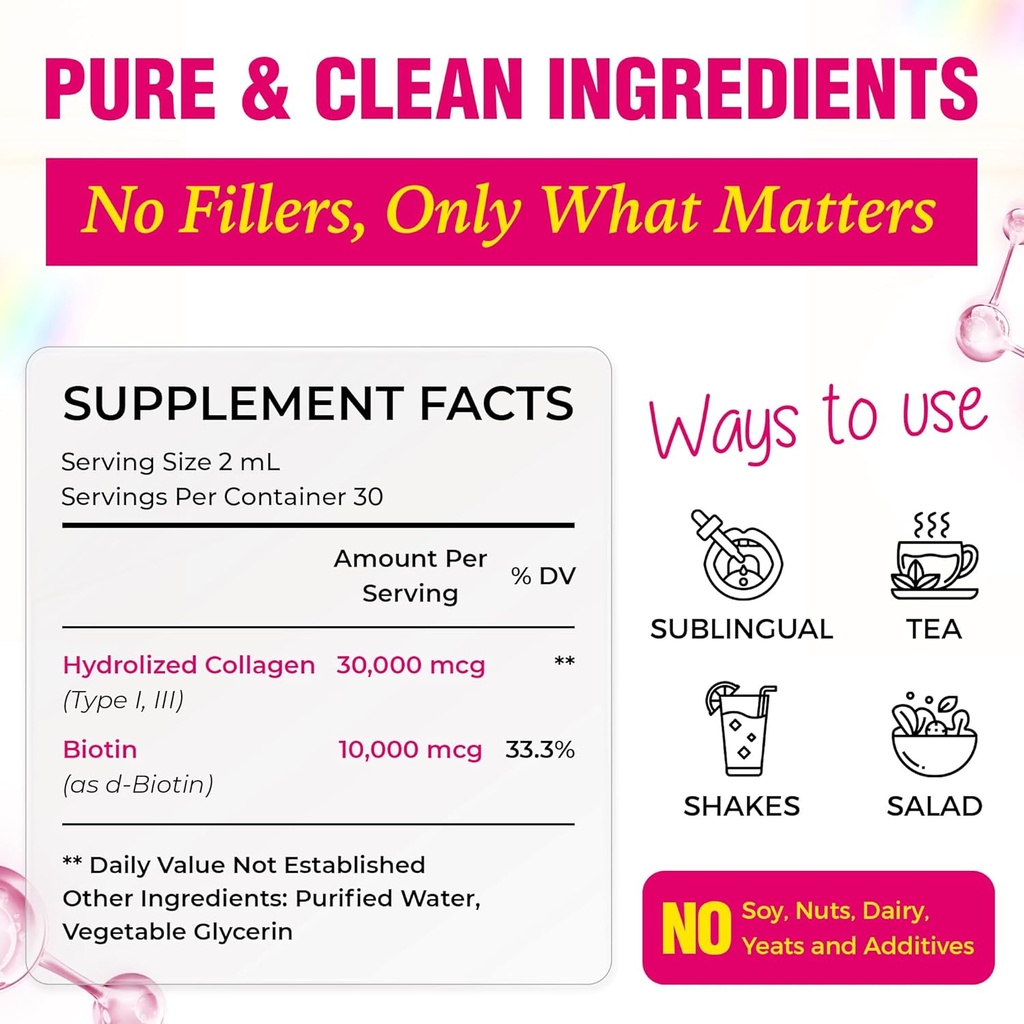 Flydende collagen & biotin, 2 Fl Oz (pakke af 2), 40000 mcg til hår hud negle, vitamin B7 hydroliseret collagen peptider supplement til kvinder, bioaktiv form, sukker fri, hindbær smag