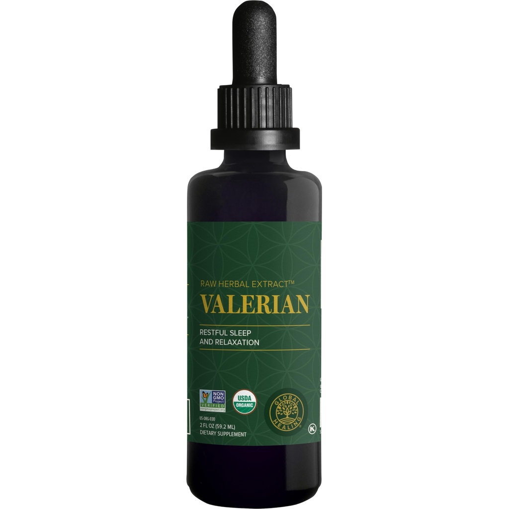 Global healing Organic Valerian Root Extract Liquid Supplement - Raw Herbal Extract for Sund Afslapning, Sleep & Calm - Alternativ til Valerian Root Kapsler til Biotilgængelighed - 2 Fl Oz