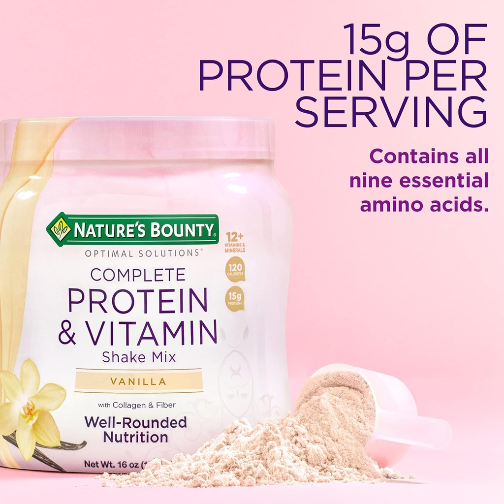 Nature 's Bounty Complete Protein & Vitamin Shake Mix med Collagen & Fiber, Indeholder C-vitamin for immunsundhed, Vanilla Smaget, 1 Pound (pakke med 2)