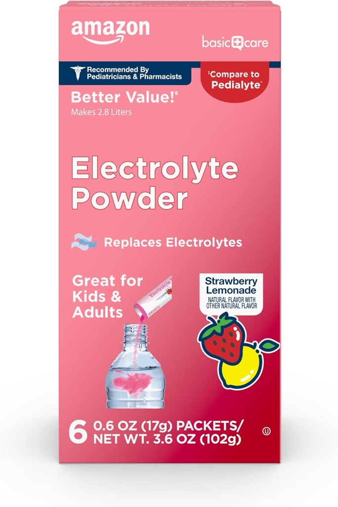 Basic Care Electrolyte Powder Packets, Strawberry Lemonade, 6 Greve (pakke med 1)