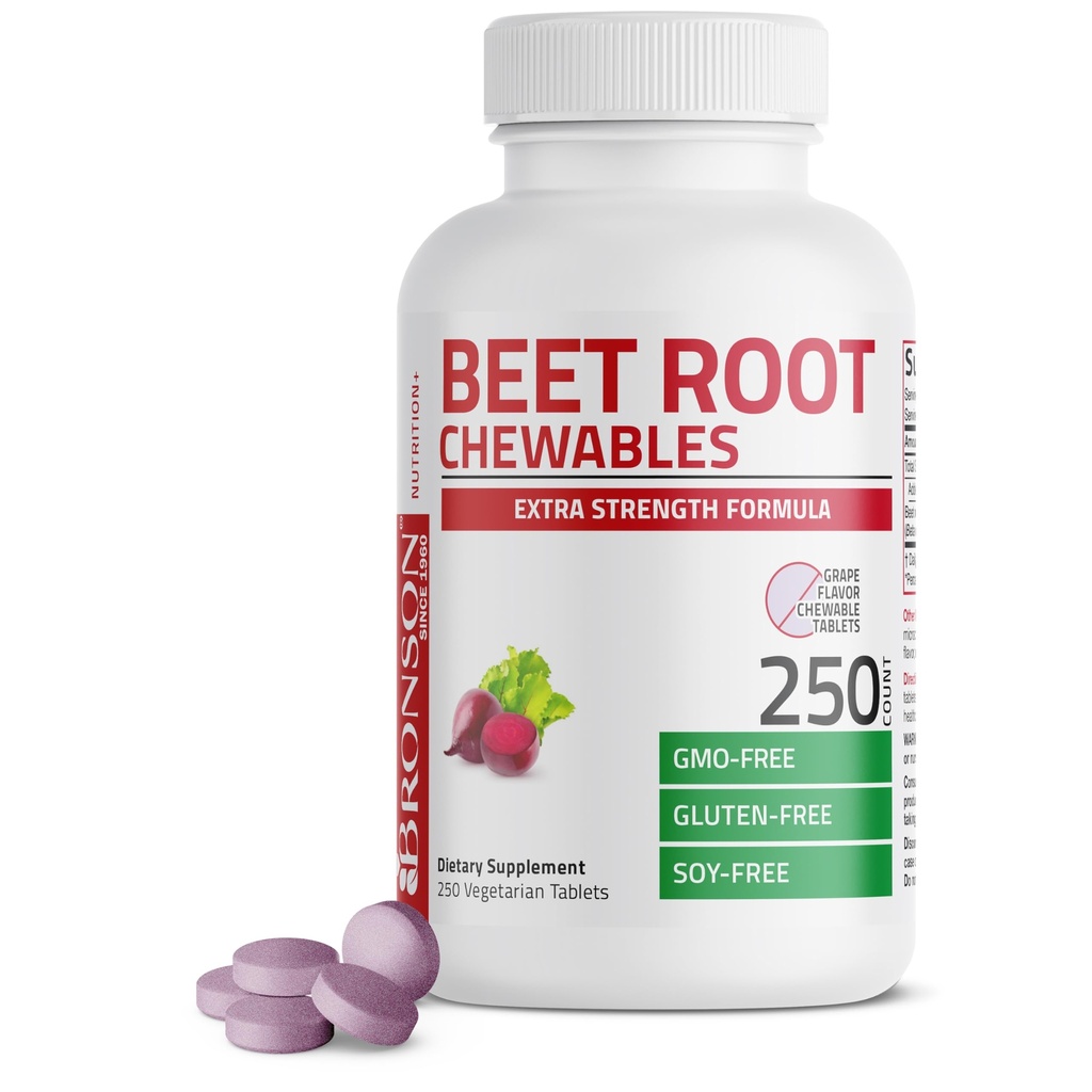 Bronson Beet Root Chewables, Grape Flavored - Extra Strength Per Serving Circulation Support Heart Health & Stamina, Non-GMO, 250 Vegetarian Grape Flavored Chewable Tablets