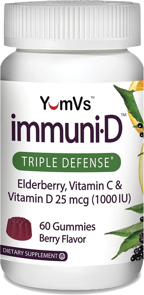 ImuniD Elderberry Gummies af Yumvs Medic124; Triple Defense Vitaminer med Sambucus Elderberry, C-vitamin & D-vitamin Medic124; Komplet immunsystem support til kvinder & mænd Medical Berry Flavor- 60 Greve