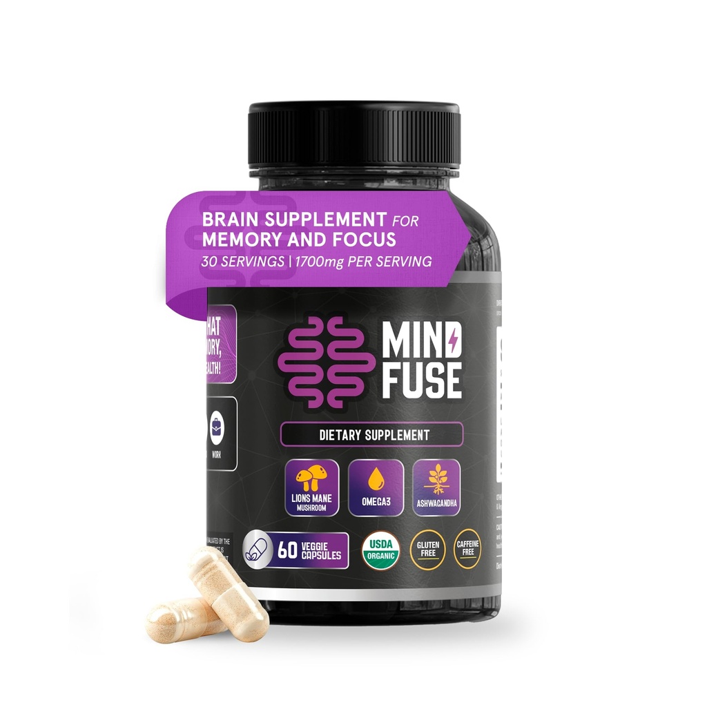 Nootrop Memory Booster supplement til voksne - Lions Mane Kapsler med Omega-3, Ashwagandha & L- Theanin for Focus & Memory - Gluten- Free 60 Kapsler