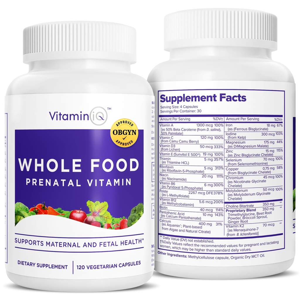 Hele fødevarer prenatale vitaminer (120 kapsler) Naturlig støtte til moder- og føtale sundhed, prenatal multivitamin til kvinder med cholin, B vitaminer og mere, Vegan, ingen soja, gluten eller mælk