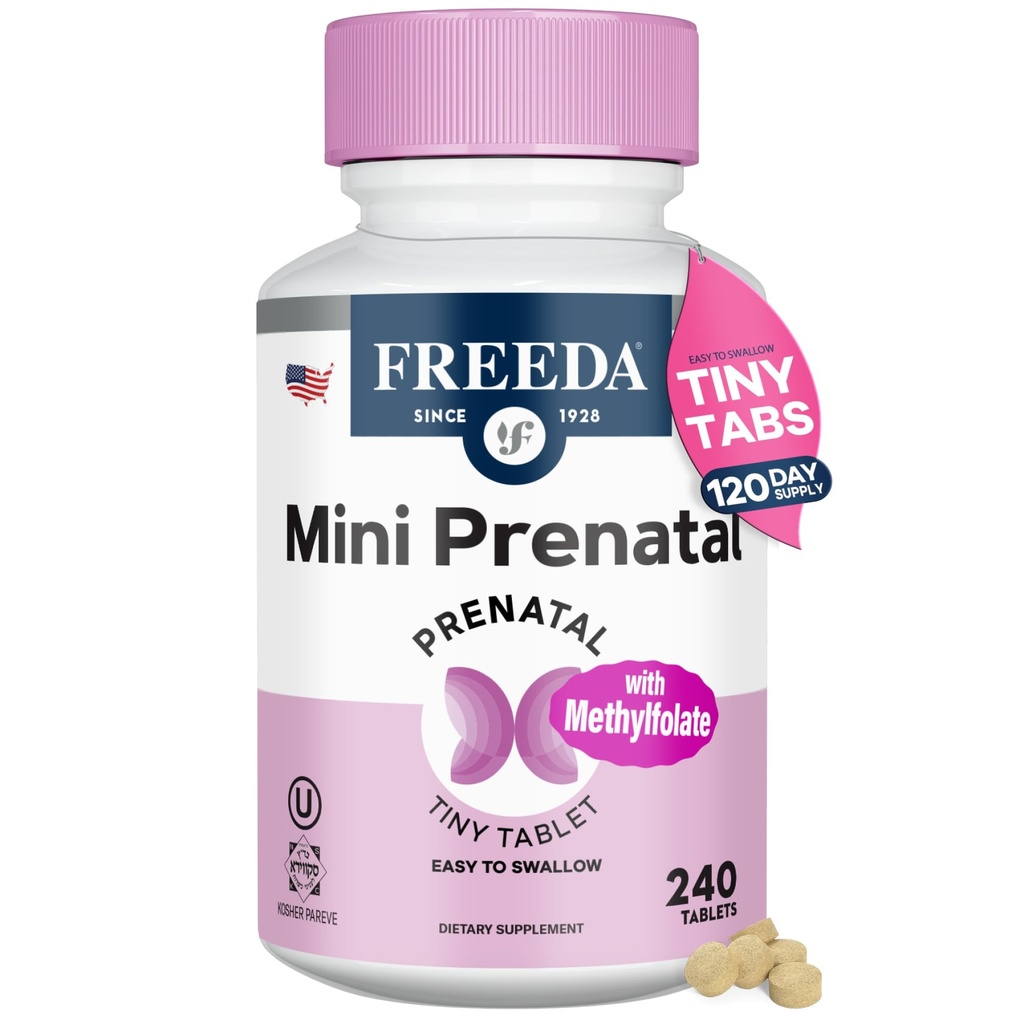 FREEDA Mini Prenatal Vitamin - Kosher Prenatals - Tiny Let at synke tabletter - Prenatal Vitamin med jern, Prenatal Folinsyre / Folate, D-vitamin - Pre Natal Multivitamin til gravide kvinder (240)