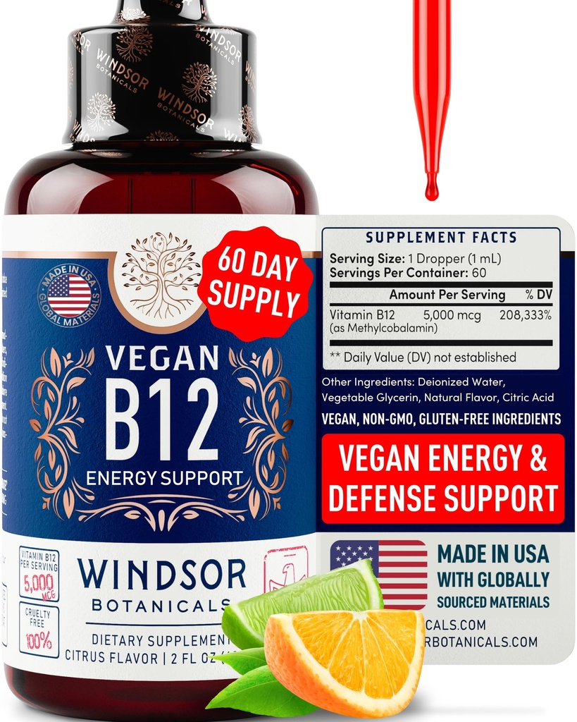 Vegansk Vitamin B12 Væske - Max Strength Methylcobalamin B12 Sublingual 5000 mcg - Hurtig Absorbing Supplement for Food, Hukommelse og energistøtte - Non-GMO, Gluten- Free, Citrus Flavor B 12 Drops, 2oz