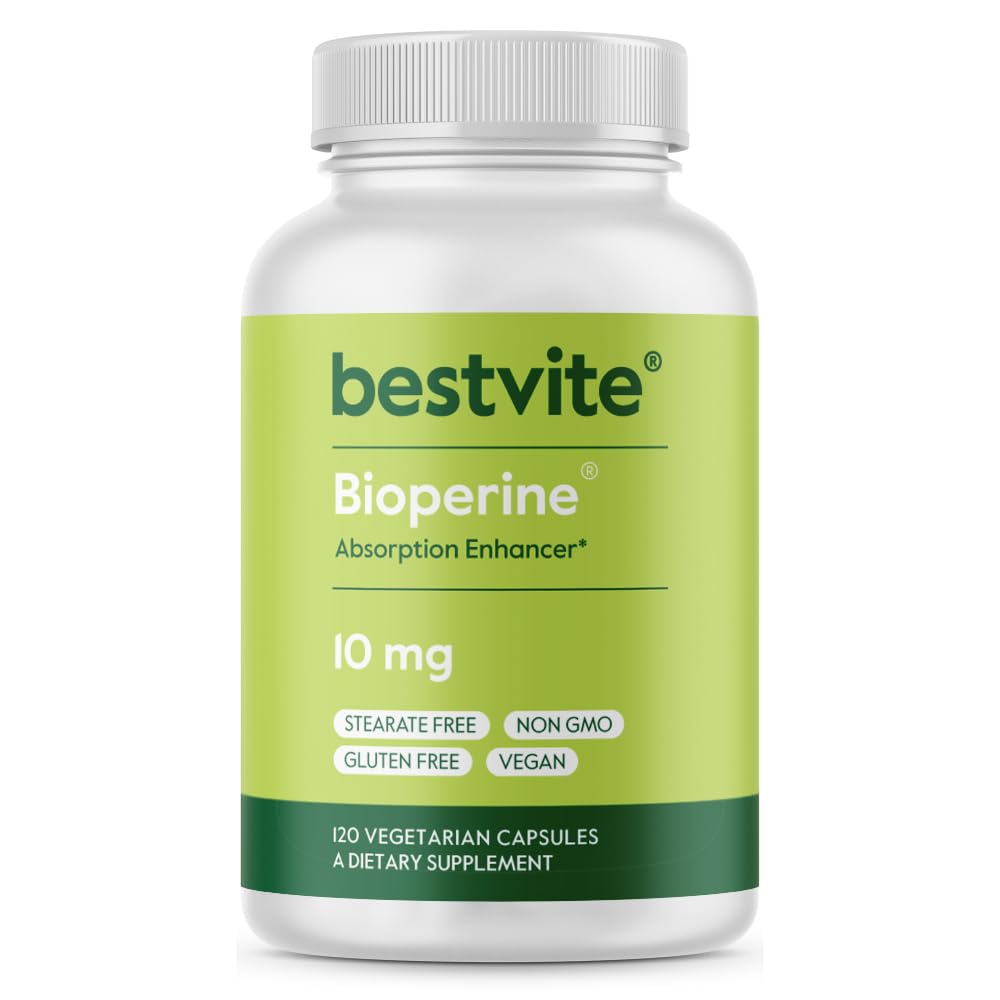 Bioperine 10mg (120 vegetariske kapsler) - Ingen stearater - Vegan - Ikke GMO - Gluten Free - Absorption Enhancer