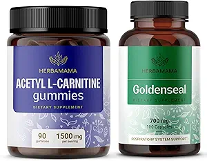 HERBAMAMA L-Carnitine and Goldenseal Kit - Bundle of 1500 mg Acetyl L-Carnitine Gummies & 700 mg Goldenseal Capsules - Vegan, Non-GMO, Gelatin-Free - 2 Pack