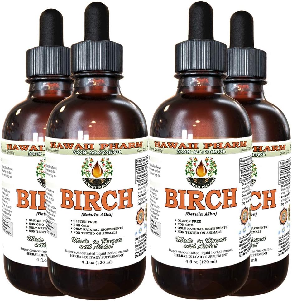 Birch Alkohol- Free Liquid Extract, Birch (Betula Alba) Tørret Bark Glycerite Hawaii Pharm Natural Herbal Supplement 4x4 oz