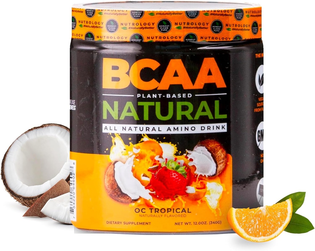 Nutrologi BCAA Natural - Plant baseret BCAA pulver, Orange kokos flavor, Optimeret 2: 1: 1 Ratio Aminosyrer pulver til før træning & indlæg Workout Inddrivelse, Vegan, Gluten- fri, Non- GMO, 30 Servere
