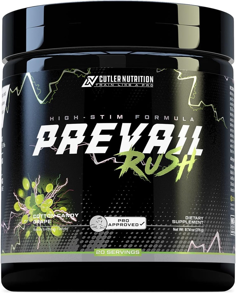 Cutler Nutrition High Stim Pre Workout Powder Prevail Rush Preworkout for Mænd & Kvinder for Intense Pumps Energy og fokus med koffein NO3T Betain og Dynamine Buddy 124; Cotton Candy Grape (20 Servere)