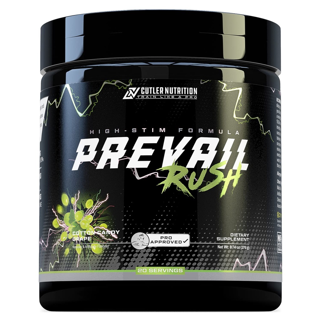 Cutler Nutrition High Stim Pre Workout Powder Prevail Rush Preworkout for Mænd & Kvinder for Intense Pumps Energy og fokus med koffein NO3T Betain og Dynamine Buddy 124; Cotton Candy Grape (20 Servere)