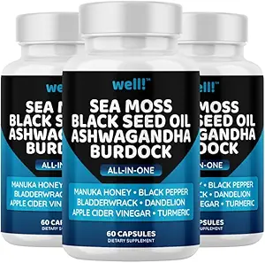 Sea Moss 3000, Black Seed Oil 2000, Ashwagandha 1000, Bladerwrack, Maca Turmeric - Manuka Honey, Mælkebøtte & Black Pepper, Super Antioxidants Supplement, 180