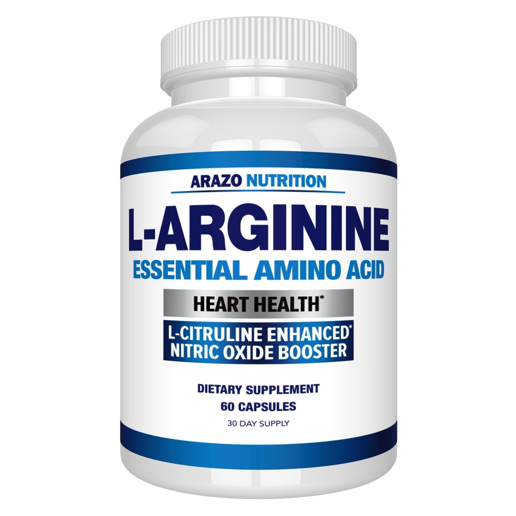 Arazo Nutrition Premium L Arginine - 1340mg Nitric Oxide Booster with L-Citrulline & Essential Amino Acids for Muscle Gain and Energy - Powerful NO Booster to Train Longer & Harder – 60 Capsules