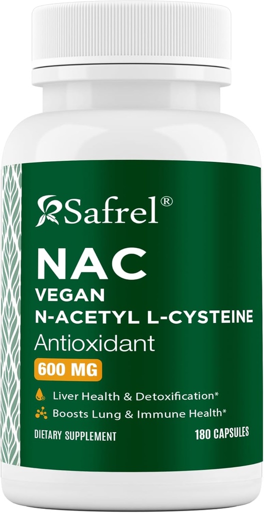 Safrel N- Acetyl- L- Cysteine (NAC) Capsules, 600mg, 180 Count, Respiratory, immun, lever sundhed Potent antioxidant Support, Free- radikaler, Let at Absorb, Non- GMO, Gluten Free