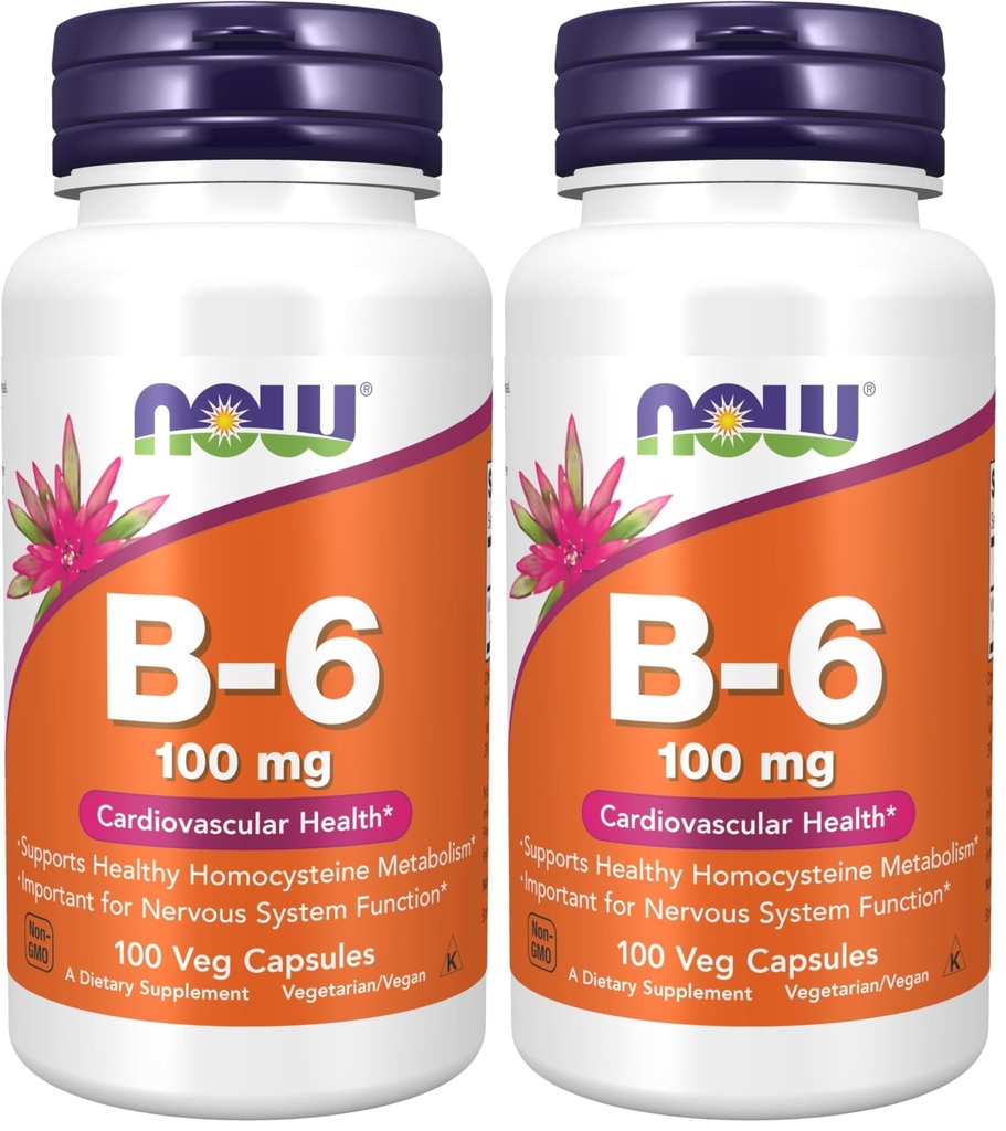 NU Kosttilskud, vitamin B- 6 (Pyridoxin HCl) 100 mg, cardiovaskulær sundhed *, 100 Veg kapsler (pakning med 2)