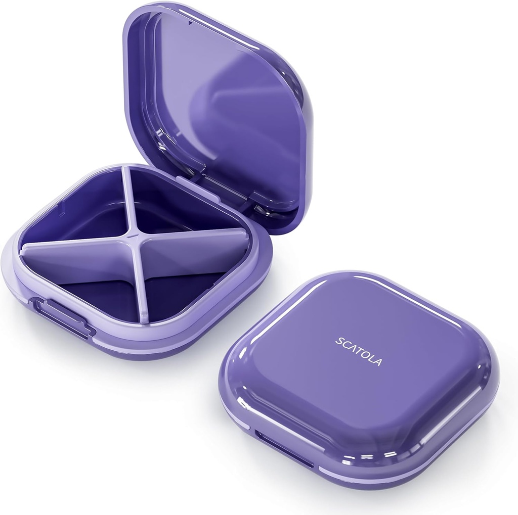 Lille pillekasse, rejsepilleboks, transportabel pilleorganizer, pillebeholder til lomme 4 afdelinger, Daily Compact Travel Medicine Holder for Vitaminer Medicin (lilla)