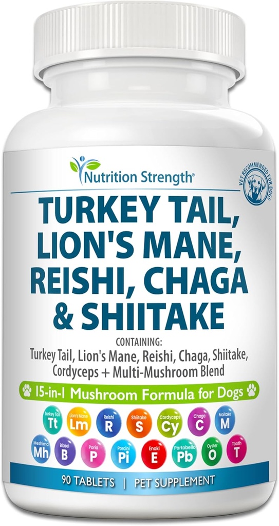15 - in-1 Svampe til hunde Tyrkiet Tail 600mg Lions Mane 600mg Reishi 600mg Shiitake 500mg Cordyceps 300mg Chaga 300mg Maitake 200mg Meshima Blazei Poria Enoki Portobello 90 tabletter