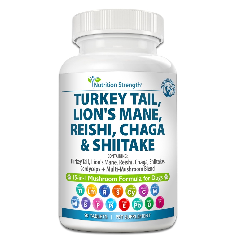 15 - in-1 Svampe til hunde Tyrkiet Tail 600mg Lions Mane 600mg Reishi 600mg Shiitake 500mg Cordyceps 300mg Chaga 300mg Maitake 200mg Meshima Blazei Poria Enoki Portobello 90 tabletter