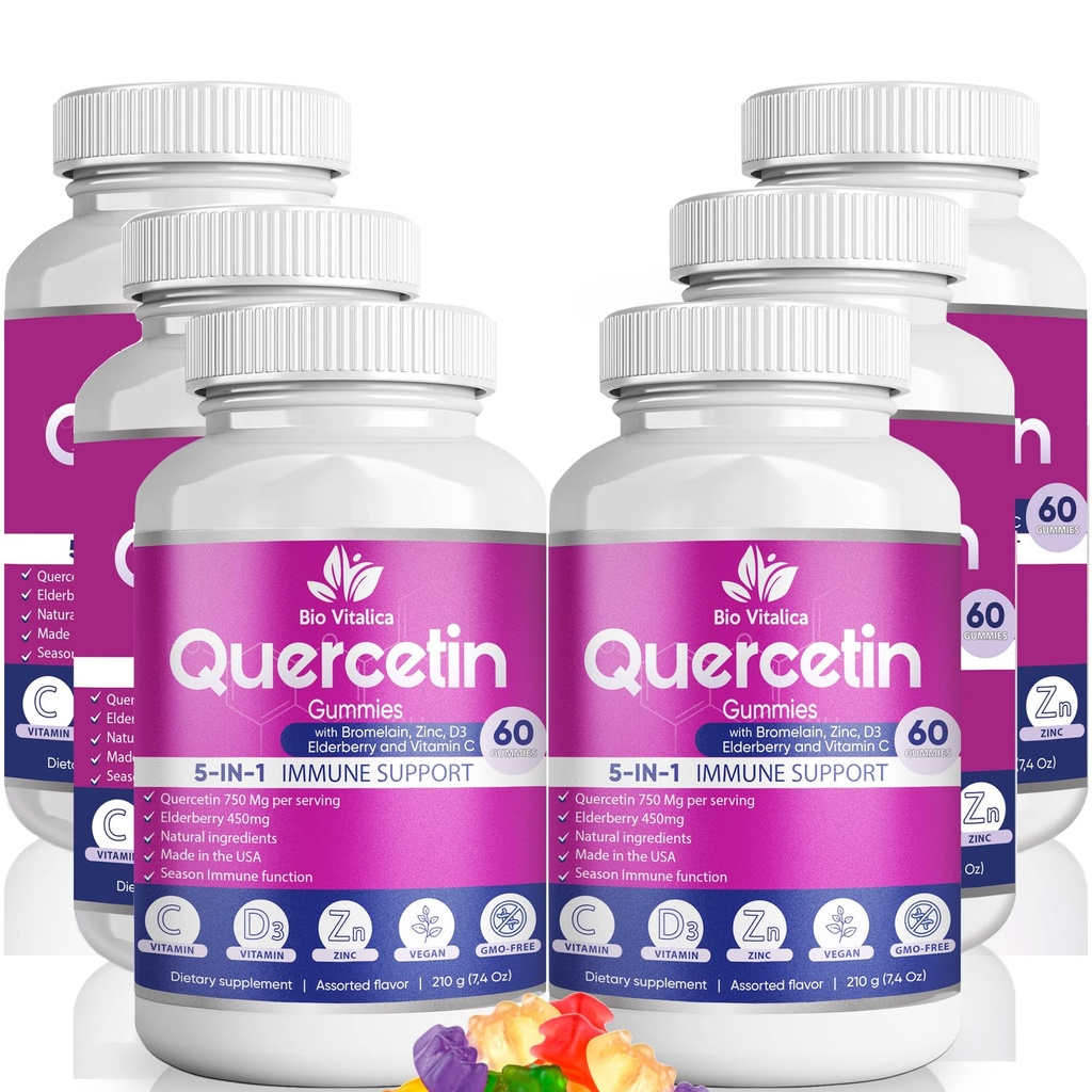 Quercetin Gummies by BioVitalica - Quercetin with Bromelain Vitamin C and Zink & Elderberry + D3- 5 i 1 immunstøtte - Zink Quercetin 750 mg til børn og voksne (6, Quercetin)