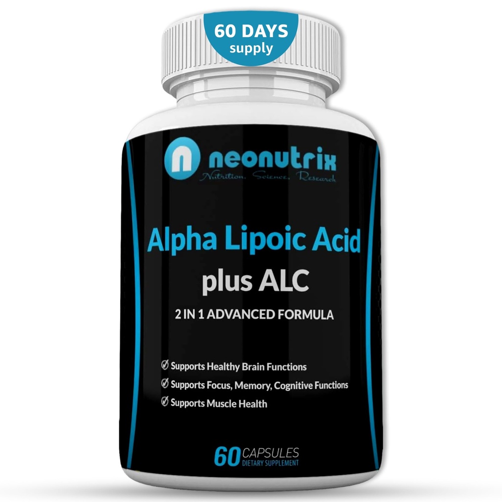 Alpha Lipoic Acid Plus Acetyl L- Carnitin Antioxidant Supplement ALA ALC for sund hjerne funktion & muskel styrke, fokus, hukommelse & kognitiv funktion for kvinder & mænd - 60 kapsler af Neonutrix