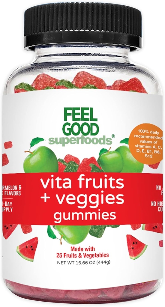 FeelGood Superfoods Vita Fruits and Veggies Supplements, Multivitamin Fruit and vegetabilsk Gummies, 25 Frugter og grøntsager, Watermelon og Apple Flavors, Vegan, Non- GMO, 60 Greve