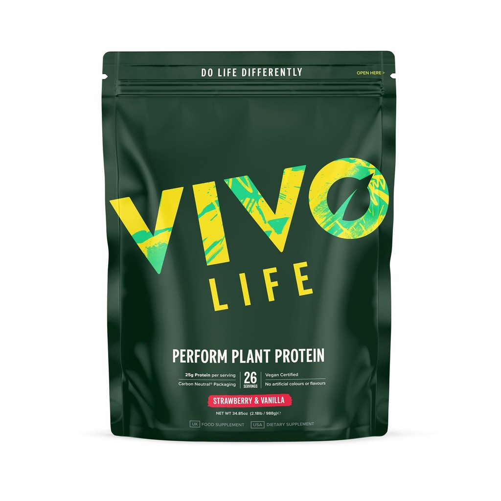 Vivo life Perform Plant Protein Powder - Pea & Hamp Protein Blend med BCAA (34.85 oz, Strawberry & Vanilla)