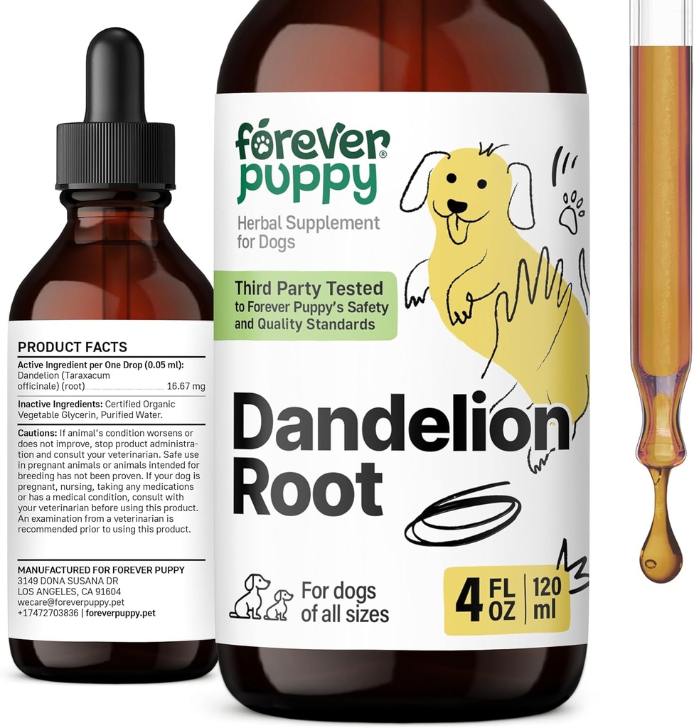 Forever Puppy Dandelion Root Drops til hunde - Flydende lever sundhed supplement til store, mellemstore & små hunde - Lever rense Detox Drops w / Mælkebøtte Root Extract - 4 oz