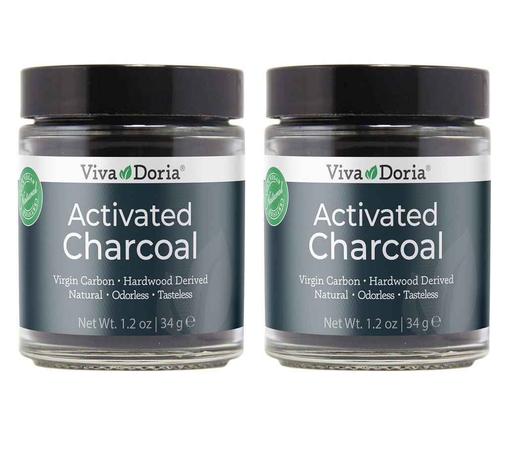 Viva Doria Aktiveret Charcoal Powder, Hardwood Derived, Food Grade, 1.2 Oz Glass Jar (2 Pack)