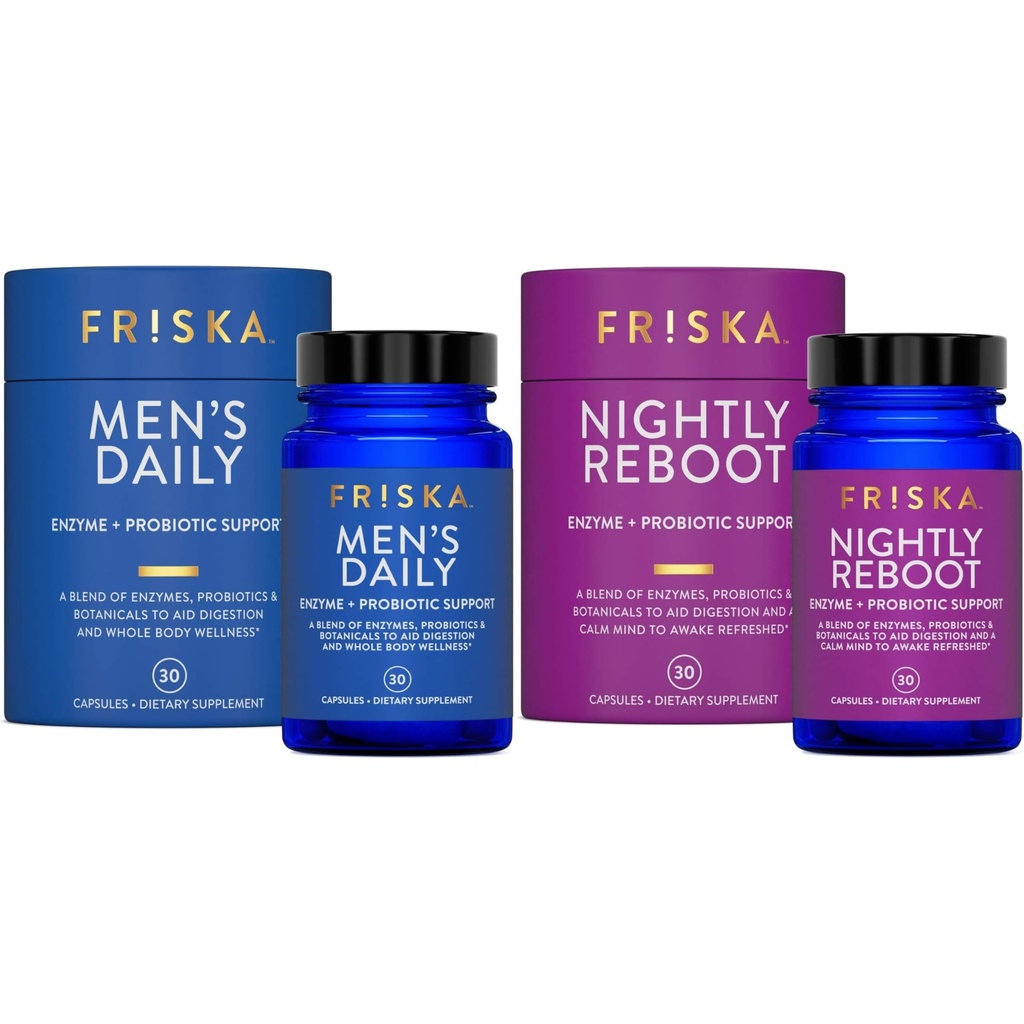 FRISKA Herre & Nightly Probiotic Bundle Note 124; Digitale Enzymer & Probiotika Supplement Note 124; Mand & Nighttime fordøjelse & Bloating Support
