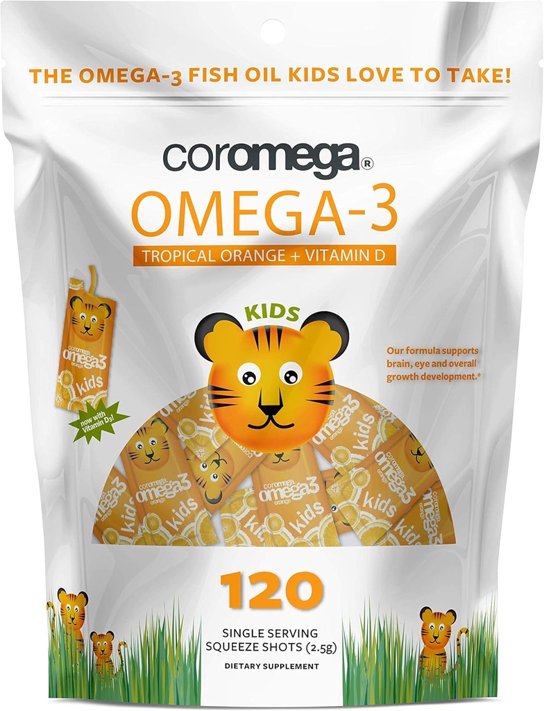 Coromega Kids Omega 3 Fish Oil Supplement, 650mg Omega- 3s, Tropical Orange + D-vitamin, 120 Single Serve Squeeze Pakninger