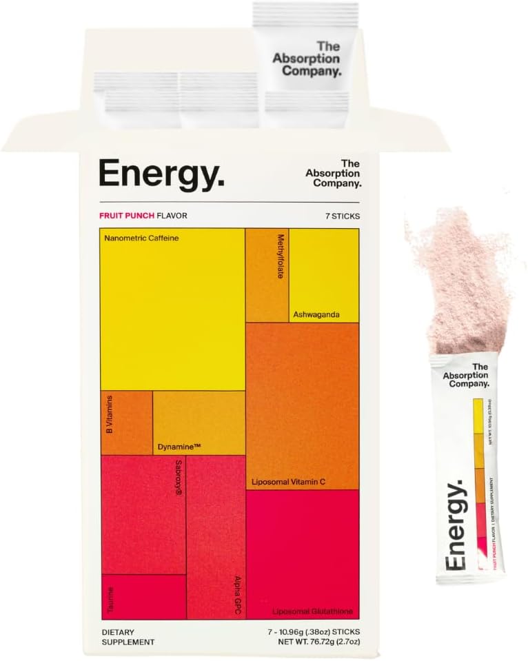 Absorption Company Energy Drink Powder Mix Pakninger - Clean Energy Booster til at understøtte Alerness med 150mg naturlig koffein & C-vitamin - Fruit Punch Flavor, 7 sticks