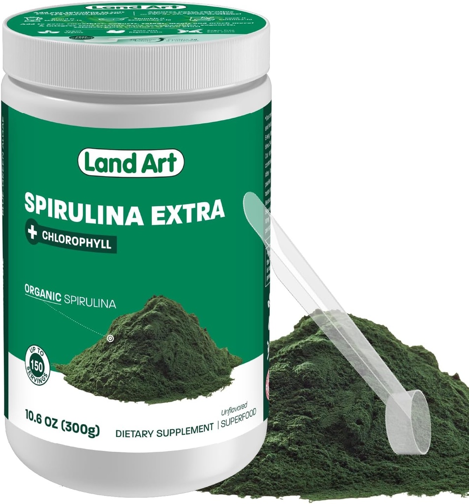 Land Art Certificeret Økologisk Frisk Spirulina Ekstra Pulver 300g - Forbedret med Biotilgængelig Chlorophyll Tilføjet - Ikke aromatiseret - Ren Kilde - 3. part Testet - Måling Spoon Inside