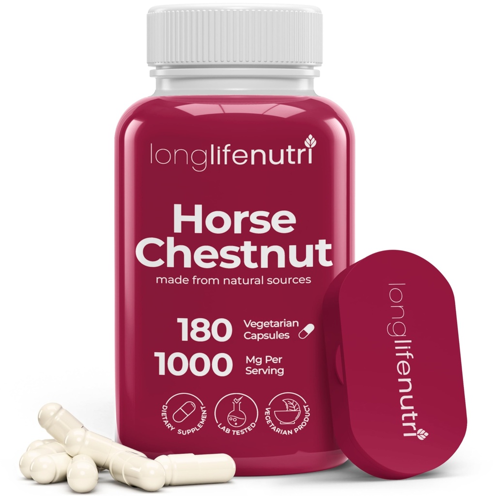 LongLifeNutri Horse Chestnut Extract 500mg - 180 Vegetariske Kapsler, Organisk supplement til daglig wellness & cirkulation, 3- måned Supply, GMP Certified, Made in USA
