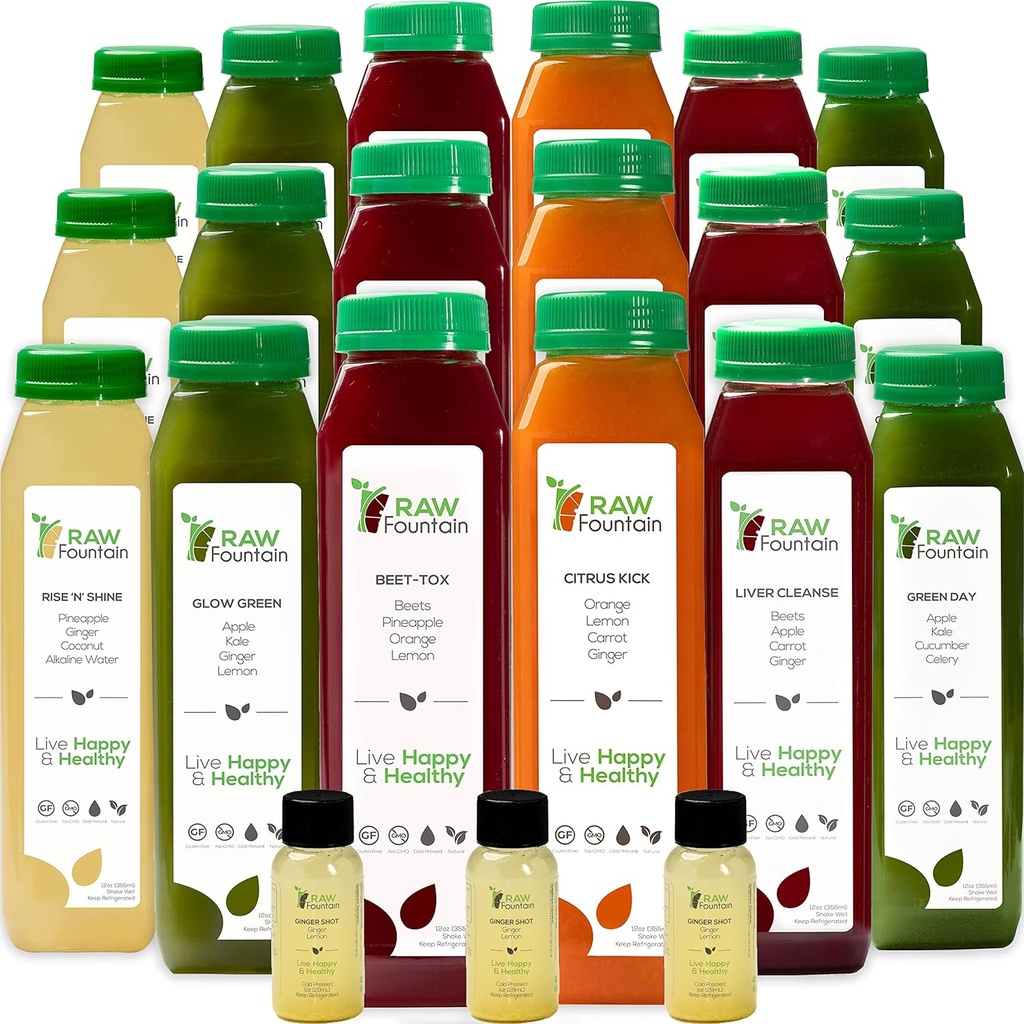 7 Day Juice Cleanse by Raw Fountain, All Natural Raw Detox Cleanse, Juicing for Body Rest, Cold Pressed Juice Fast, Great Way to Jumpstart a Healthy Diet, 42 Bottle 12oz, 7 Ginger Shots
