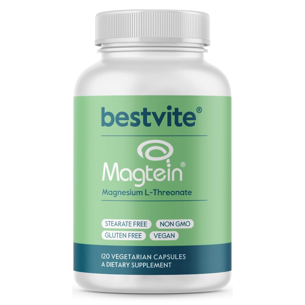 BESTVITE Magtein Magnesium L- Threonate Capsules - 2000mg per servering (120 Vegetariske Kapsler) - Patenteret og biotilgængelig Magnesium - Ingen Stearates - Ingen Fillers - Vegan - Ikke GMO - Gluten Free